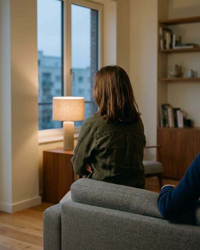 Женщина со спины сидит на диване, руки скрещены, отвернулась к окну; вечерний домашний свет